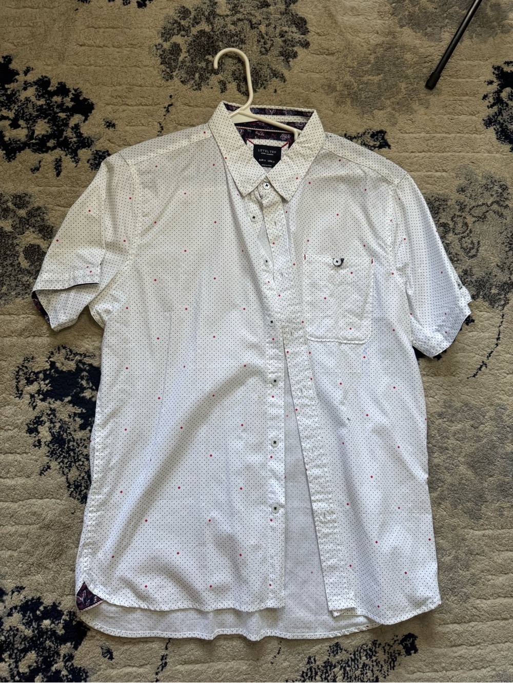 Express Men’s White Short-Sleeve Button-Down Shirt with Red Dot Print